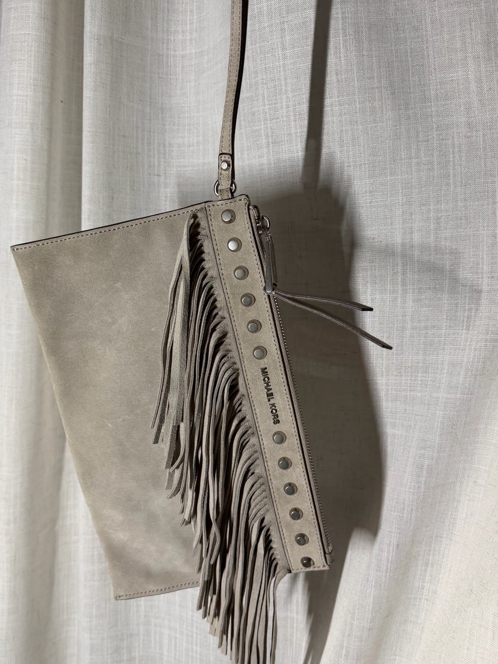 Michael Kors Taupe Fringe Leather Wristlet Clutch